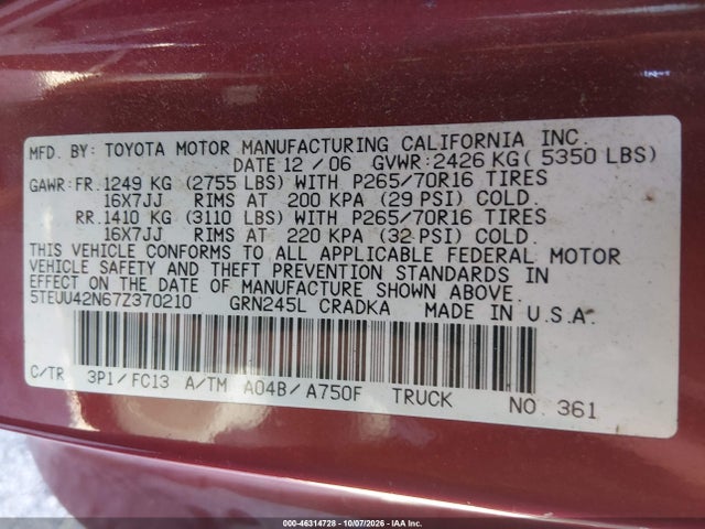 46314728 :رقم المزاد ، 5TEUU42N67Z370210 vin ، 2007 Toyota Tacoma Base V6 مزاد بيع