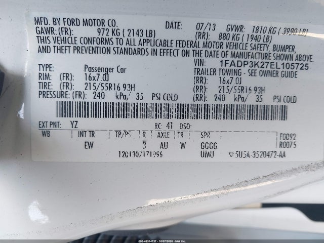 46314737 :رقم المزاد ، 1FADP3K27EL105725 vin ، 2014 Ford Focus Se مزاد بيع