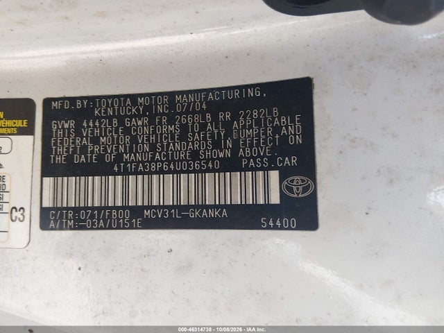 2004 Toyota Camry Solara Se მანქანა იყიდება აუქციონზე, vin: 4T1FA38P64U036540, აუქციონის ნომერი: 46314738