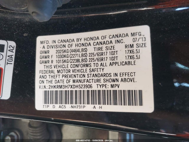 2013 Honda Cr-v Ex-l მანქანა იყიდება აუქციონზე, vin: 2HKRM3H7XDH523906, აუქციონის ნომერი: 46314753