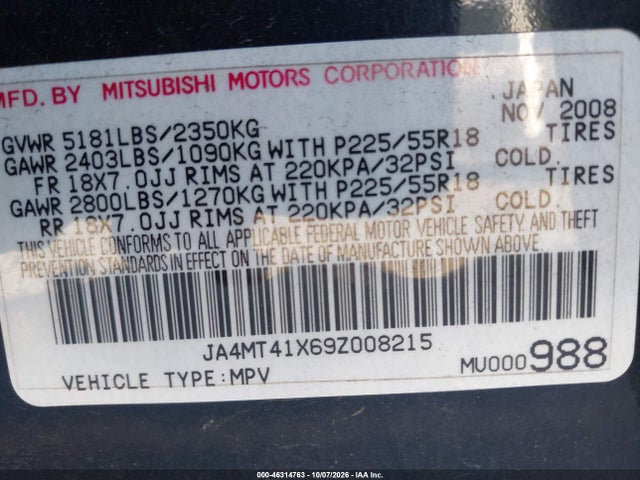 46314763 :رقم المزاد ، JA4MT41X69Z008215 vin ، 2009 Mitsubishi Outlander Xls مزاد بيع