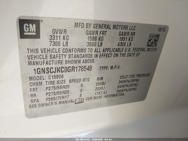 Aukcja sprzedaży 2016 Chevrolet Suburban Ltz, vin: 1GNSCJKC0GR178548, numer aukcji: 46314783