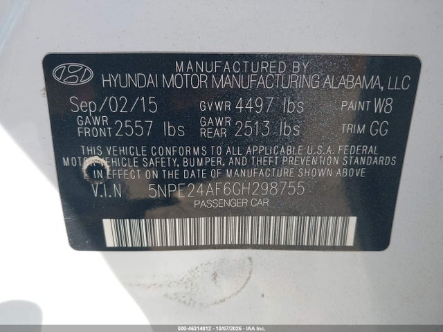 Aukcja sprzedaży 2016 Hyundai Sonata Se, vin: 5NPE24AF6GH298755, numer aukcji: 46314812