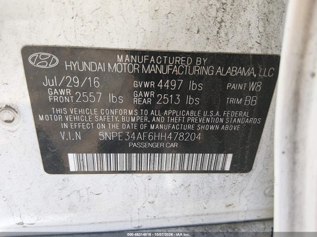 2017 Hyundai Sonata Sport მანქანა იყიდება აუქციონზე, vin: 5NPE34AF6HH478204, აუქციონის ნომერი: 46314816