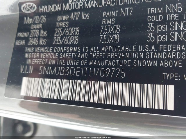Продаж на аукціоні авто 2026 Hyundai Tucson Sel, vin: 5NMJB3DE1TH709725, номер лоту: 46314819