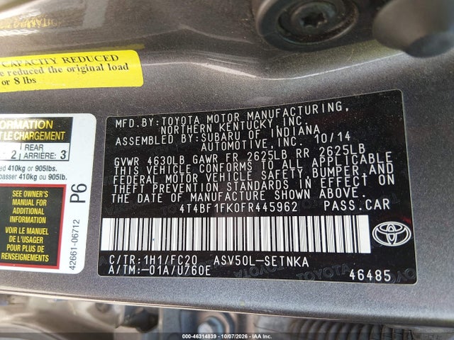 Aukcja sprzedaży 2015 Toyota Camry Le, vin: 4T4BF1FK0FR445962, numer aukcji: 46314839