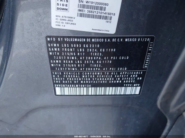 Продаж на аукціоні авто 2020 Volkswagen Tiguan 2.0t Se/2.0t Se R-line Black/2.0t Sel, vin: 3VV2B7AX8LM108134, номер лоту: 46314877