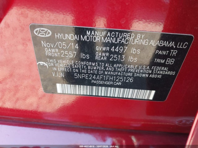Aukcja sprzedaży 2015 Hyundai Sonata Se, vin: 5NPE24AF1FH125126, numer aukcji: 46314918
