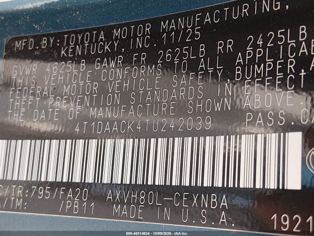 Продаж на аукціоні авто 2026 Toyota Camry Le, vin: 4T1DAACK4TU242039, номер лоту: 46314924