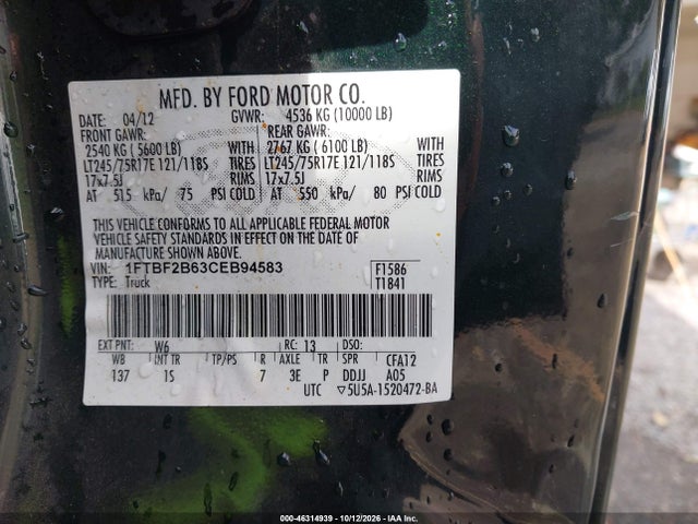 Продаж на аукціоні авто 2012 Ford F-250 Xl, vin: 1FTBF2B63CEB94583, номер лоту: 46314939