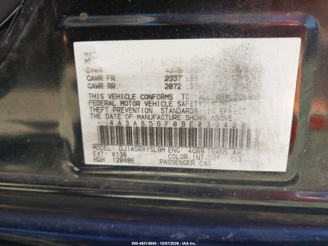 Продажа на аукционе авто 2009 Mitsubishi Galant Es, vin: 4A3AB56F09E039420, номер лота: 46314948