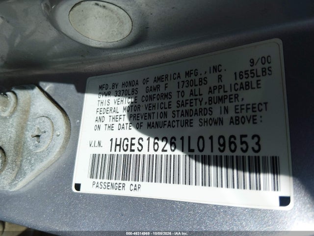 Продажа на аукционе авто 2001 Honda Civic Dx, vin: 1HGES16261L019653, номер лота: 46314969