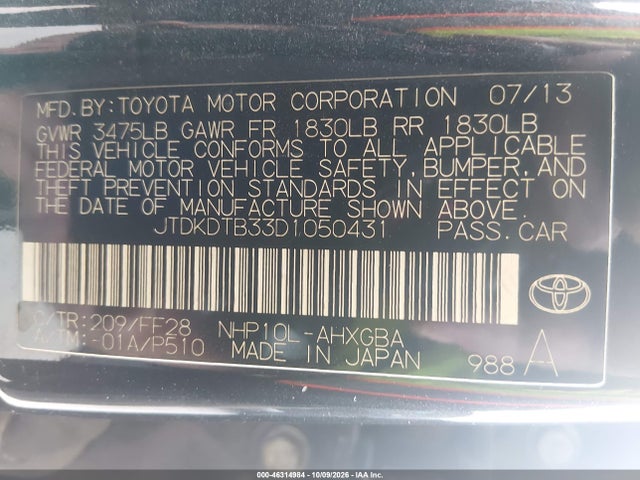 46314984 :رقم المزاد ، JTDKDTB33D1050431 vin ، 2013 Toyota Prius C Three مزاد بيع