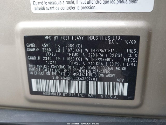 Продаж на аукціоні авто 2010 Subaru Outback 2.5i Premium, vin: 4S4BRBCC8A3337401, номер лоту: 46314995