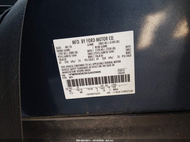 Продажа на аукционе авто 2019 Ford Explorer Xlt, vin: 1FM5K8D83KGA05908, номер лота: 46315011