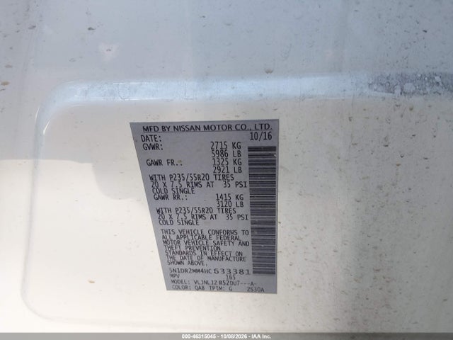 46315045 :رقم المزاد ، 5N1DR2MM4HC633381 vin ، 2017 Nissan Pathfinder Platinum مزاد بيع