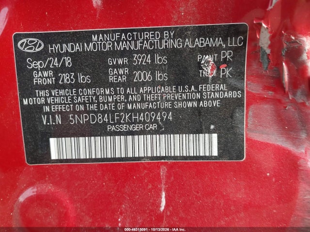 Aukcja sprzedaży 2019 Hyundai Elantra Sel, vin: 5NPD84LF2KH409494, numer aukcji: 46315091
