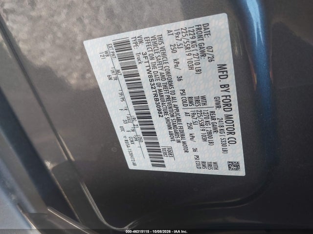 2026 Ford Maverick Lariat მანქანა იყიდება აუქციონზე, vin: 3FTTW8S32TRB30982, აუქციონის ნომერი: 46315115