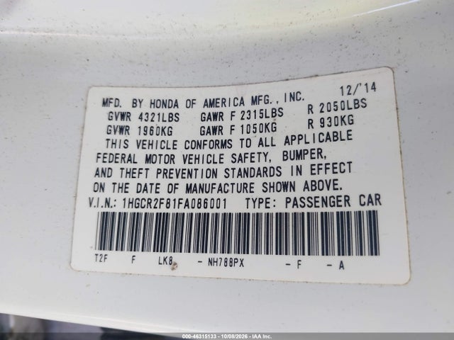 46315133 :رقم المزاد ، 1HGCR2F81FA086001 vin ، 2015 Honda Accord Ex-l مزاد بيع