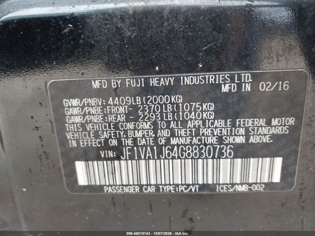 Продажа на аукционе авто 2016 Subaru Wrx Limited, vin: JF1VA1J64G8830736, номер лота: 46315143