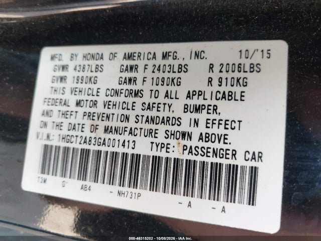 2016 Honda Accord Ex-l V-6 მანქანა იყიდება აუქციონზე, vin: 1HGCT2A83GA001413, აუქციონის ნომერი: 46315202