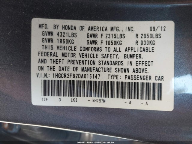 Aukcja sprzedaży 2013 Honda Accord Ex-l, vin: 1HGCR2F82DA016147, numer aukcji: 46315210