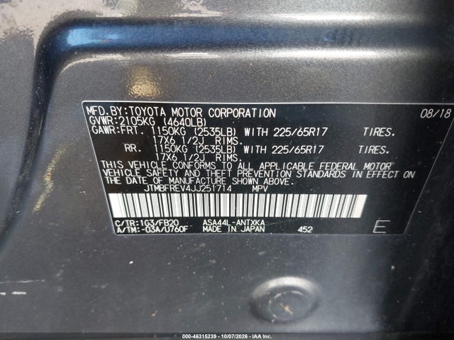 46315239 :رقم المزاد ، JTMBFREV4JJ251714 vin ، 2018 Toyota Rav4 Le مزاد بيع