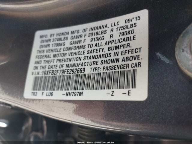 2015 Honda Civic Se მანქანა იყიდება აუქციონზე, vin: 19XFB2F79FE292669, აუქციონის ნომერი: 46315245