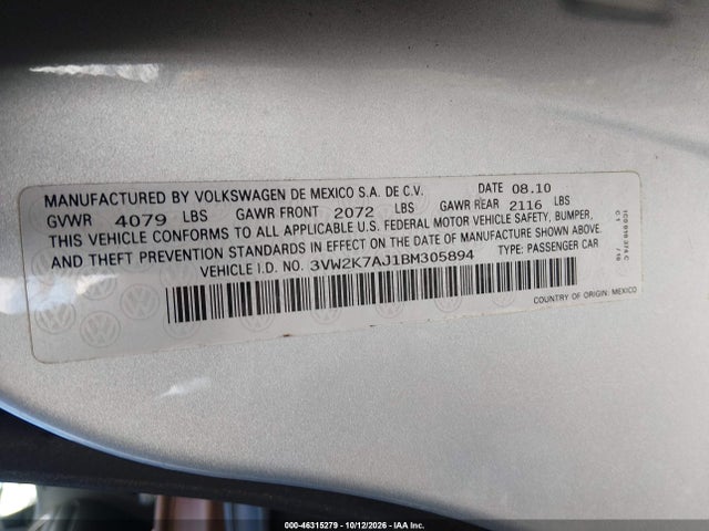Auction sale of the 2011 Volkswagen Jetta 2.0l S, vin: 3VW2K7AJ1BM305894, lot number: 46315279
