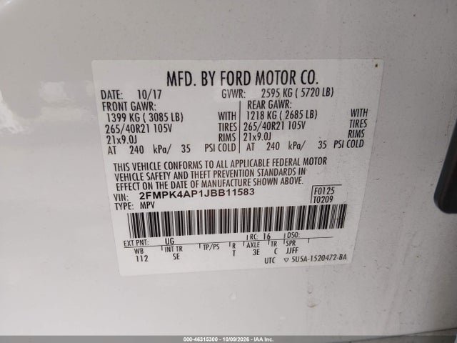 Продаж на аукціоні авто 2018 Ford Edge Sport, vin: 2FMPK4AP1JBB11583, номер лоту: 46315300