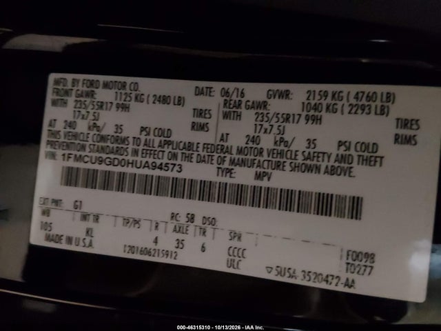 Продажа на аукционе авто 2017 Ford Escape Se, vin: 1FMCU9GD0HUA94573, номер лота: 46315310