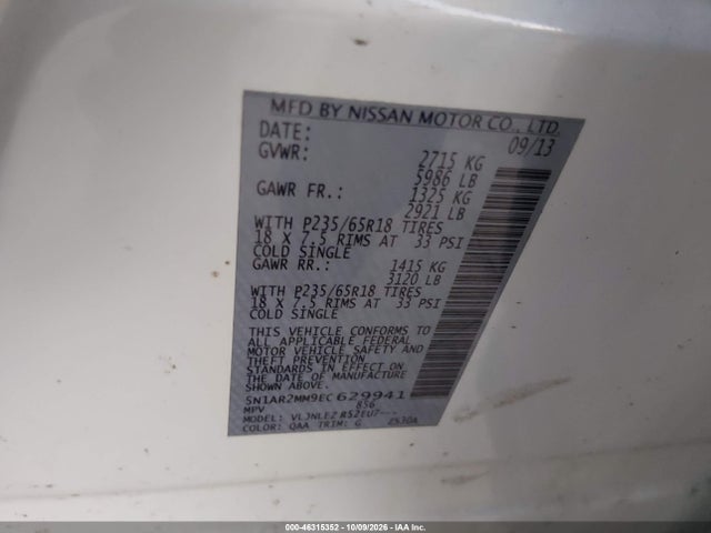 Aukcja sprzedaży 2014 Nissan Pathfinder Sv, vin: 5N1AR2MM9EC629941, numer aukcji: 46315352