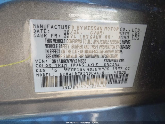 Продажа на аукционе авто 2027 Nissan Sentra, vin: 3N1AB9CV7VY214638, номер лота: 46315381