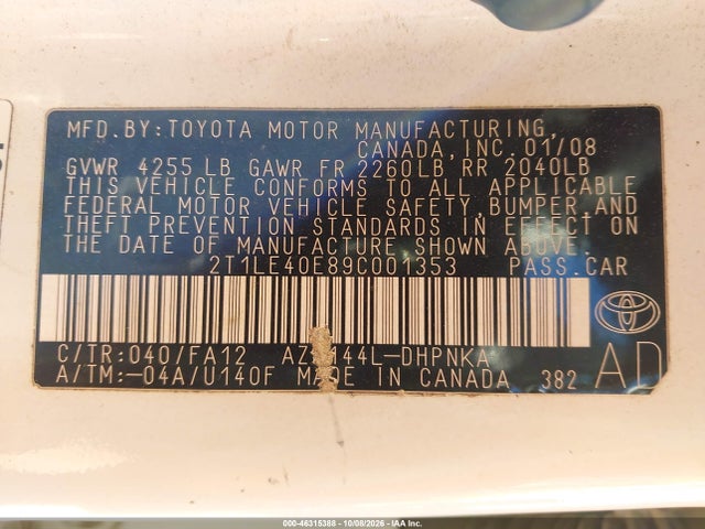 2009 Toyota Matrix S მანქანა იყიდება აუქციონზე, vin: 2T1LE40E89C001353, აუქციონის ნომერი: 46315388