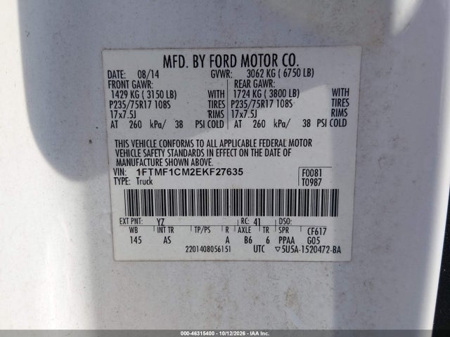 Aukcja sprzedaży 2014 Ford F-150 Xl, vin: 1FTMF1CM2EKF27635, numer aukcji: 46315400