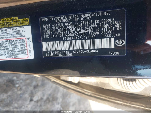 Продажа на аукционе авто 2007 Toyota Camry Ce, vin: 4T1BE46K27U723339, номер лота: 46315410