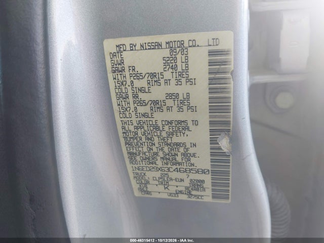 Aukcja sprzedaży 2003 Nissan Frontier Xe-v6, vin: 1N6ED29X63C468580, numer aukcji: 46315412