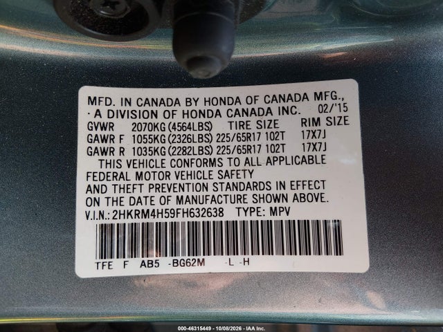 Продажа на аукционе авто 2015 Honda Cr-v Ex, vin: 2HKRM4H59FH632638, номер лота: 46315449