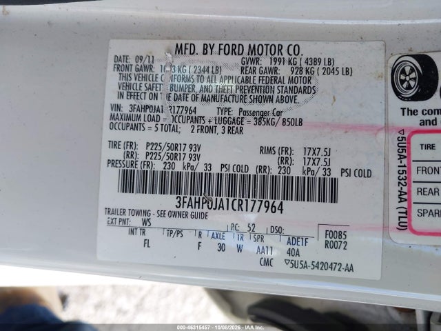 2012 Ford Fusion Sel მანქანა იყიდება აუქციონზე, vin: 3FAHP0JA1CR177964, აუქციონის ნომერი: 46315457