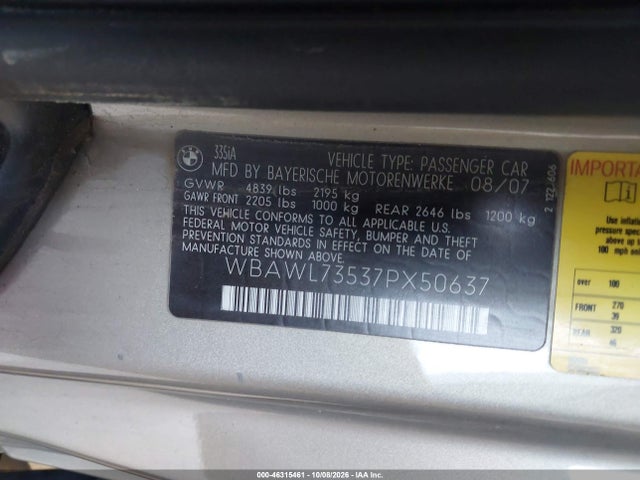 46315461 :رقم المزاد ، WBAWL73537PX50637 vin ، 2007 Bmw 335i مزاد بيع