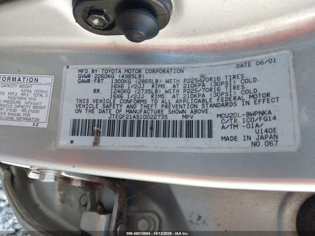 Auction sale of the 2001 Toyota Highlander V6, vin: JTEGF21A510022735, lot number: 46315504