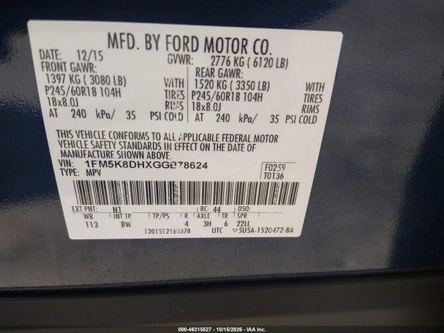 Продажа на аукционе авто 2016 Ford Explorer Xlt, vin: 1FM5K8DHXGGB78624, номер лота: 46315527
