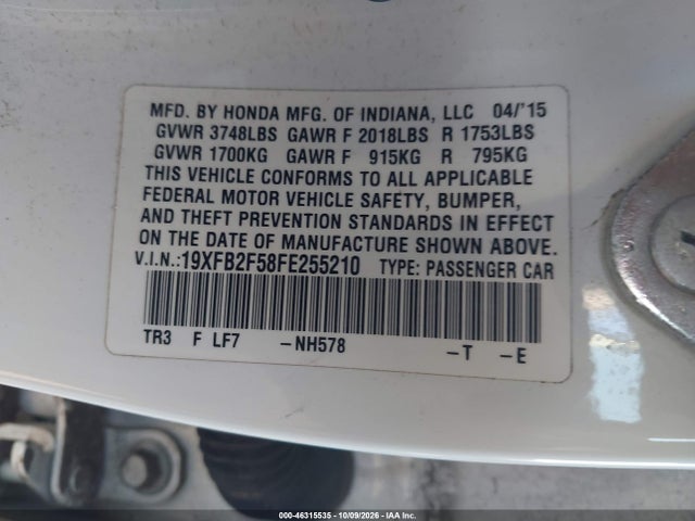 Продажа на аукционе авто 2015 Honda Civic Lx, vin: 19XFB2F58FE255210, номер лота: 46315535