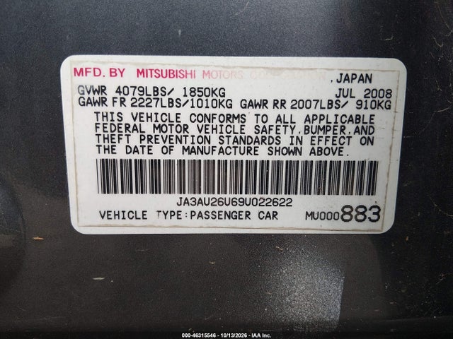 Aukcja sprzedaży 2009 Mitsubishi Lancer, vin: JA3AU26U69U022622, numer aukcji: 46315546