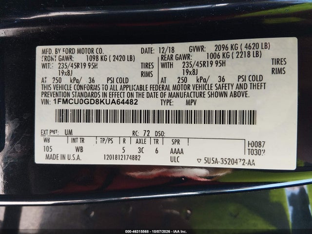 46315568 :رقم المزاد ، 1FMCU0GD8KUA64482 vin ، 2019 Ford Escape Se مزاد بيع