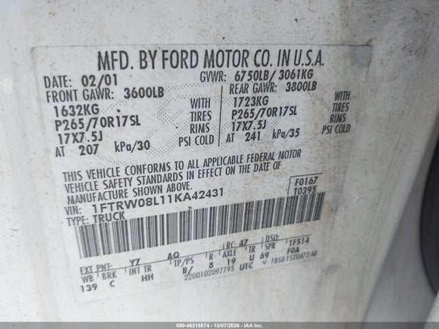 Aukcja sprzedaży 2001 Ford F-150 King Ranch Edition/lariat/xlt, vin: 1FTRW08L11KA42431, numer aukcji: 46315574
