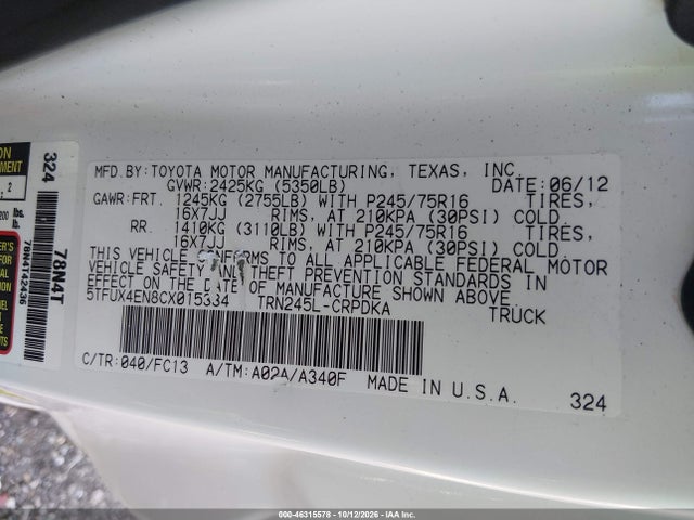 46315578 :رقم المزاد ، 5TFUX4EN8CX015334 vin ، 2012 Toyota Tacoma مزاد بيع