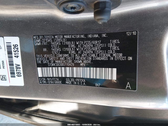 2011 Toyota Sienna Le V6 მანქანა იყიდება აუქციონზე, vin: 5TDKK3DC6BS110429, აუქციონის ნომერი: 46315583