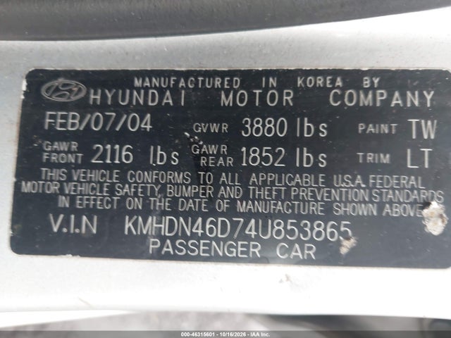 Продаж на аукціоні авто 2004 Hyundai Elantra Gls/gt, vin: KMHDN46D74U853865, номер лоту: 46315601