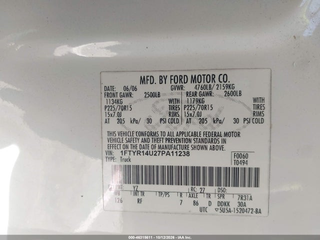 Продаж на аукціоні авто 2007 Ford Ranger Sport/stx/xl/xlt, vin: 1FTYR14U27PA11238, номер лоту: 46315611